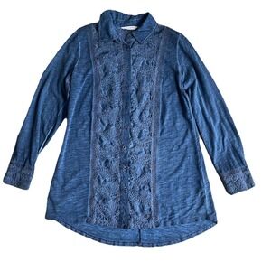 Soft Surroundings Blue Embroidered Button Front Shirt Small Boho Tunic Top